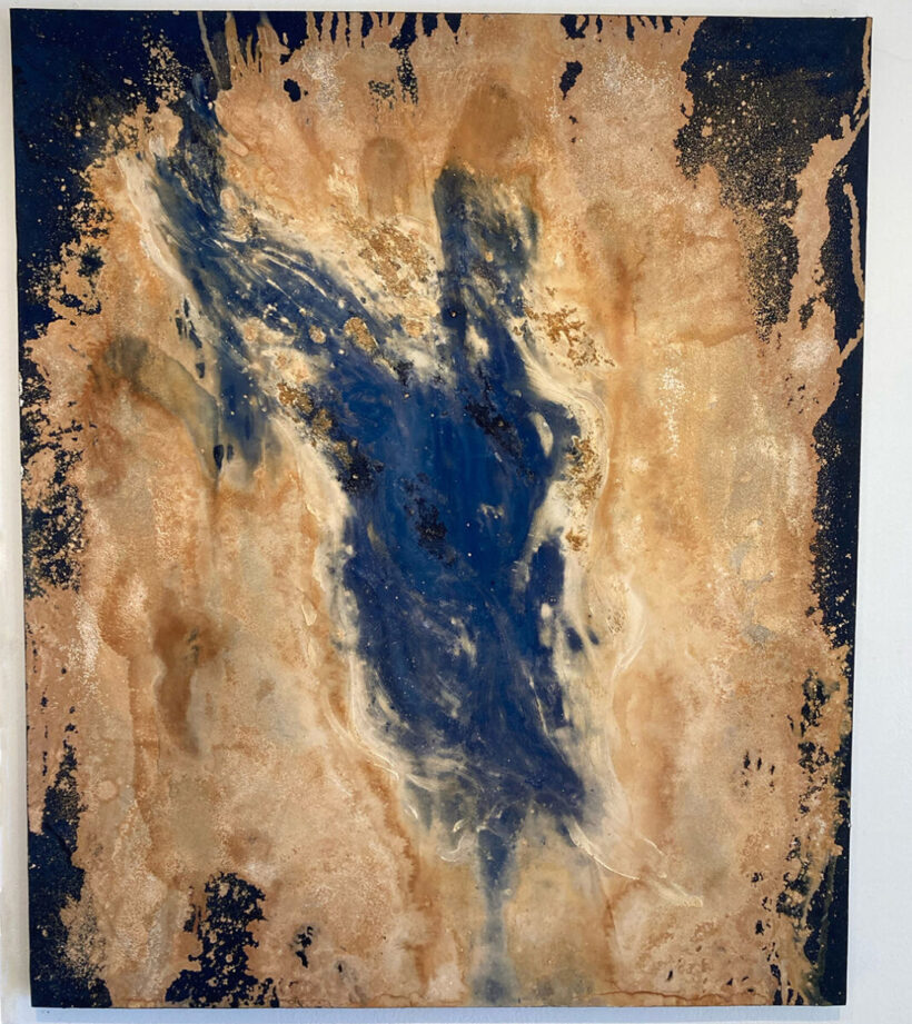 “Solar Flare”
 48”x57”; the result of two exposures over a 24-hour period. With four layers of process between sodium carbonate, plaster paste and dry-applied cyanotype, the shape of the flare developed.