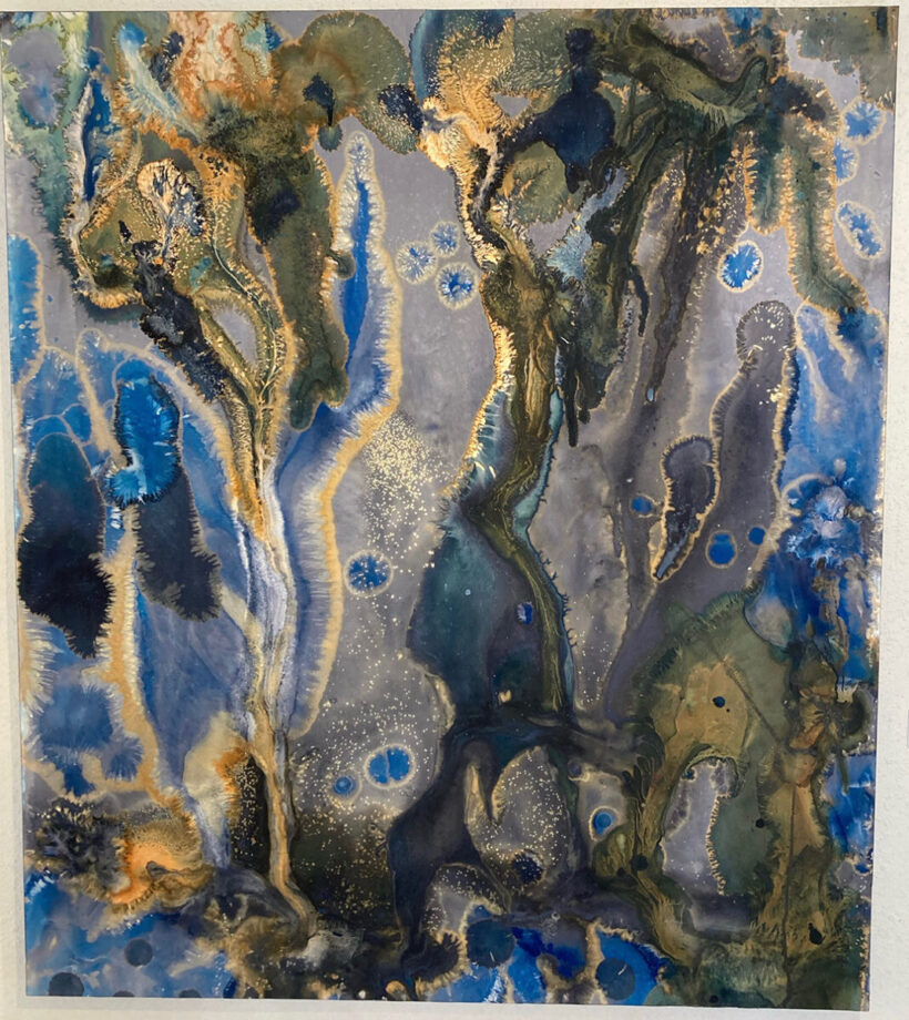 “Symbiosis (Mutualism)”
48”x55”; came about from a mutualistic relationship on paper, using cyanotype agitated by a specific focus to highlight the texture underneath. This 50/50 balance resulted in intriguing patterns.